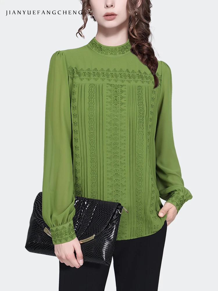 Fashion Embroidered Pleated Green Women\' Chiffon Top Long Sleeve Crew-neck Blouse Loose Casual Spring Summer Office Lady Blouses