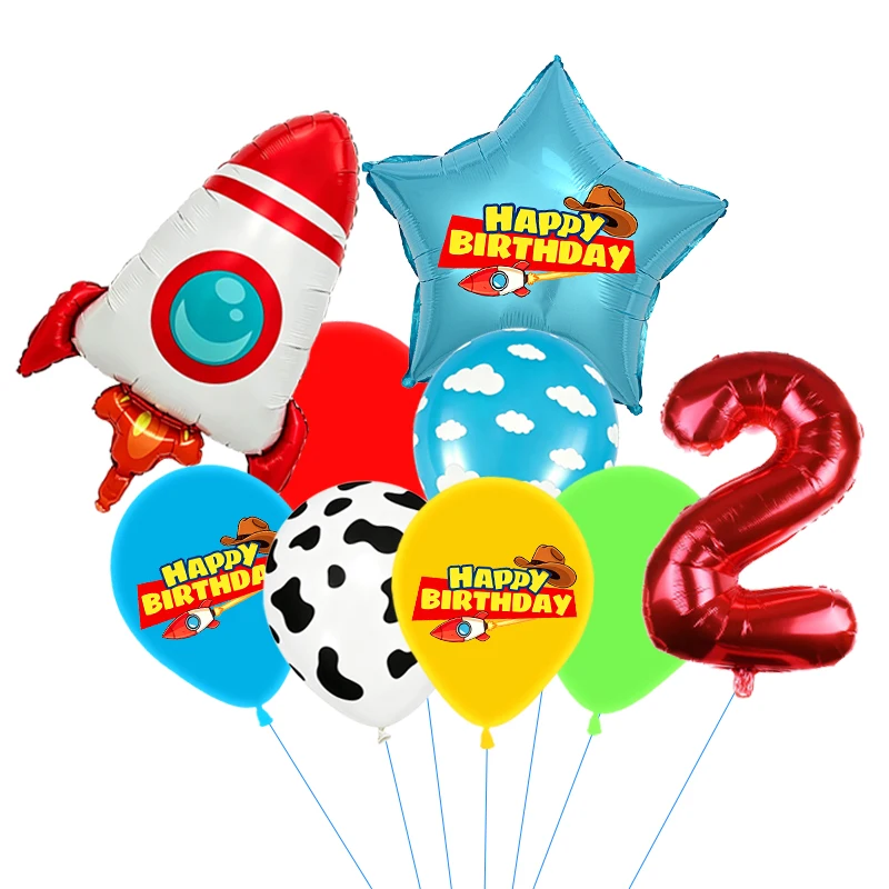 Rote, gelbe und grüne Spielzeugballons, hellblaue Ballons mit Wolken- und Kuhmuster für die Dekorationen zu Babystory- und Cowboy-Partys – Detail 12