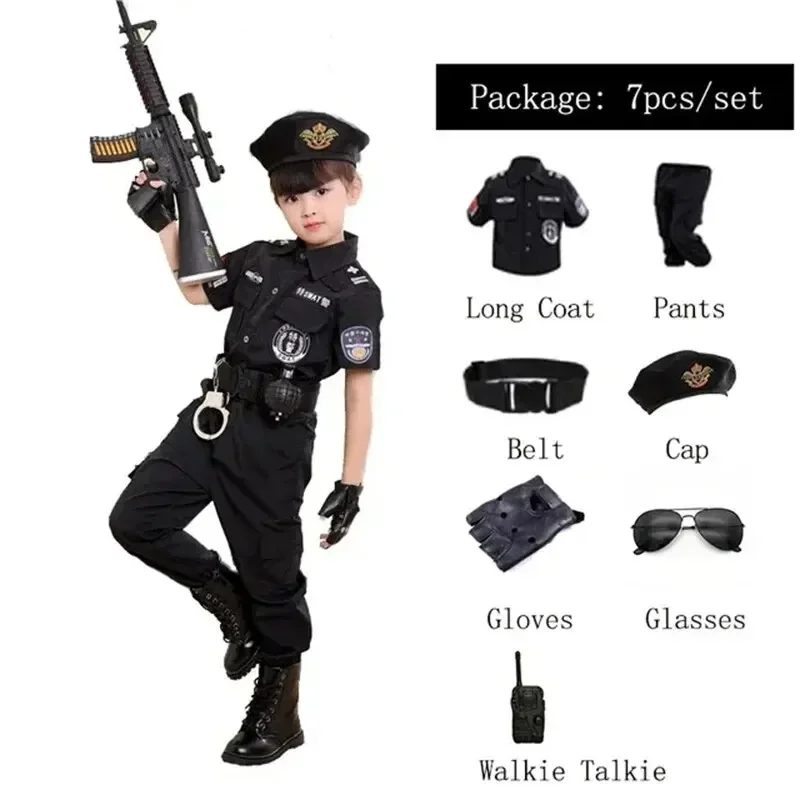 New Kids Uniform Police Costumes Cosplay Kids Police Top Pants Hat Dress Boys Girls Police Clothes Halloween Christmas Gift