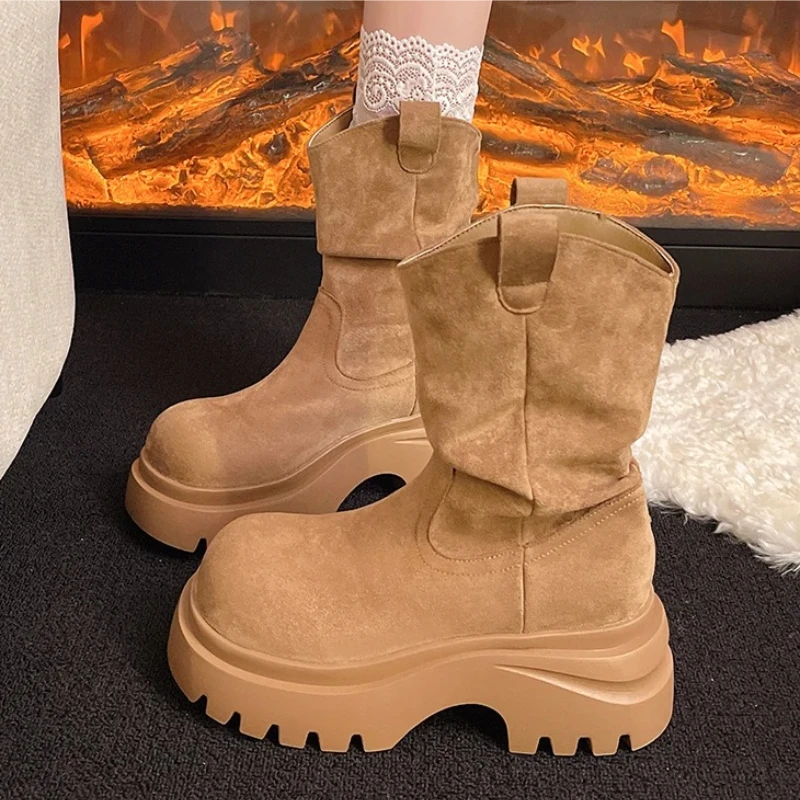 

High Heels Ankle Boots Women's Designer Suede Shoes 2025 Winter New Chelsea Boots Fashion Platform Casual Mujer Chelsea Botas
