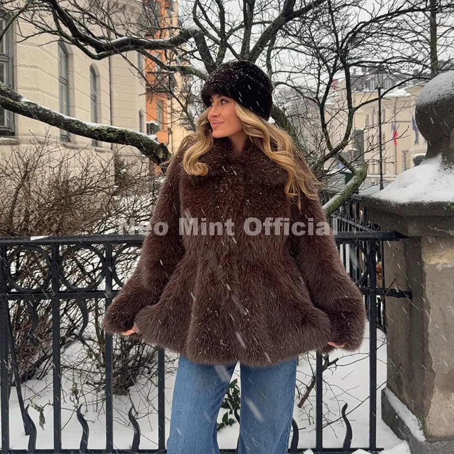 Neo Mint Trendy 2026 Winter Hot Chocolate Brown Peplum Fur Jacket Women Vintage Fashion Fluffy Faux Fox Fur Coat Long Outerwear