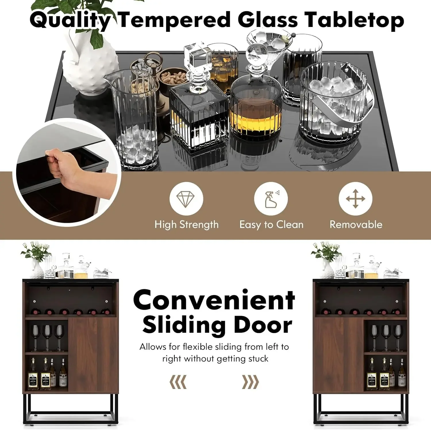 Wine Cabinet with Storage, Wine Bar Rack Cabinet with Tempered Glass Top, Wine Rack, Adjustable Shelf & Sliding Door