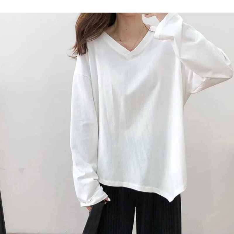 Simplicity Irregular Loose V Neck T Shirts Spring Autumn New Long Sleeve Solid Youth Casual Tops Fashion Vintage Women Clothing