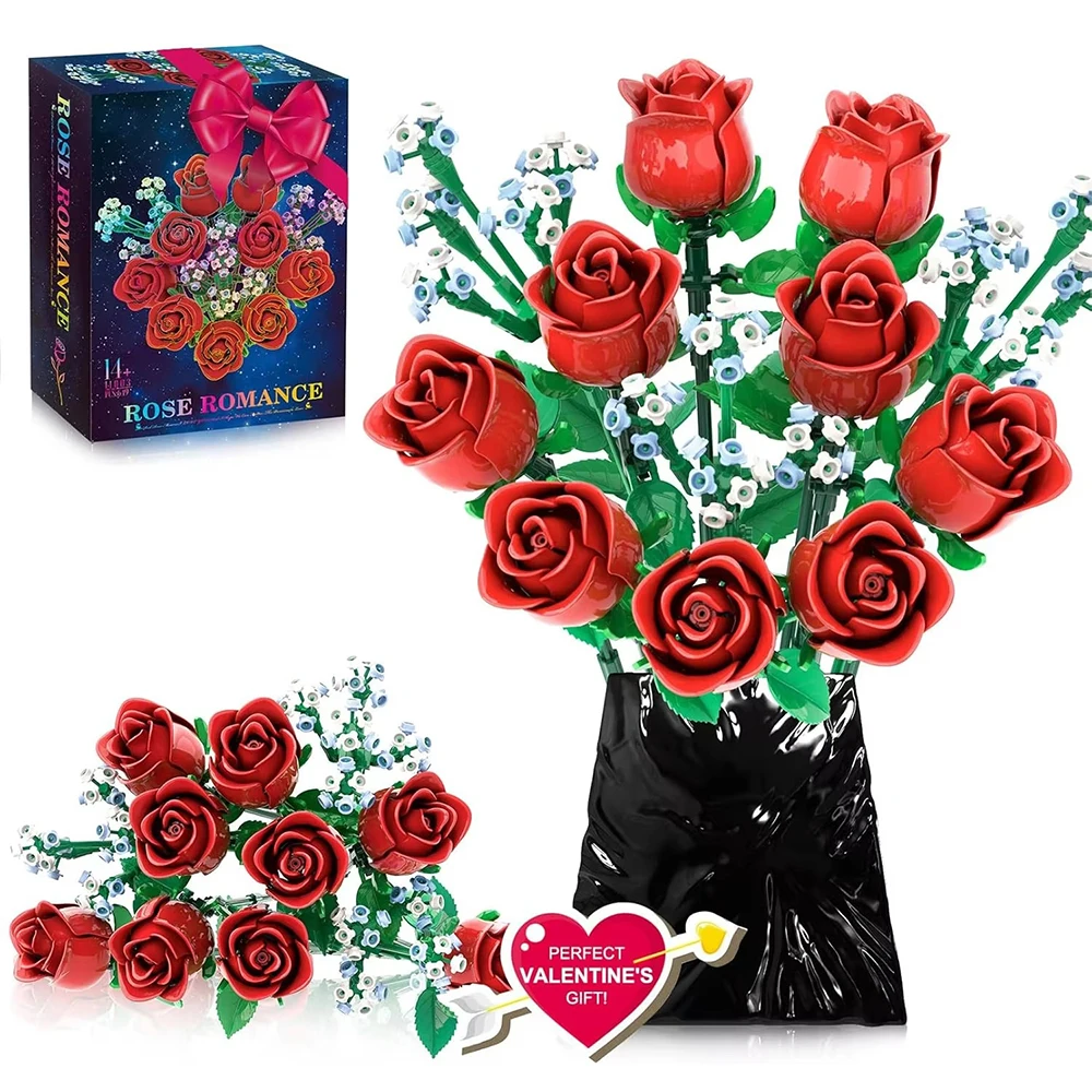 649PCS Romantic Rose Flower Building Blocks Bouquet Model Home Decoration DIY Educational Toys Gifts for Girls Women