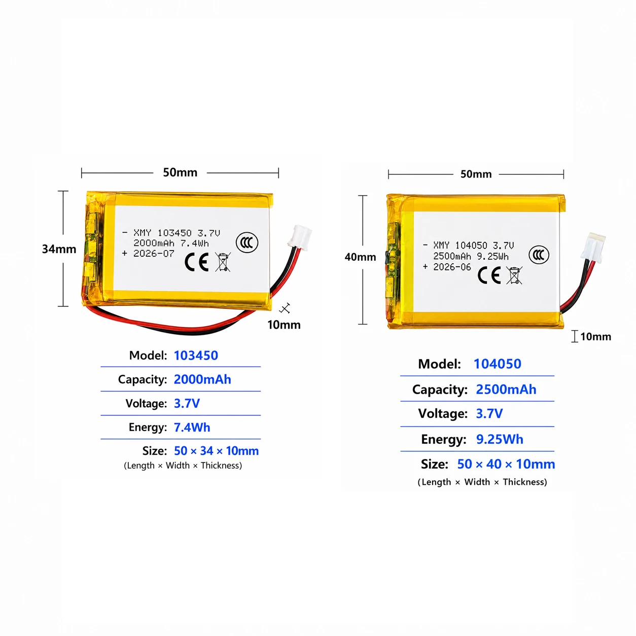 2PCS 3.7V 500mah-4000mAh LiPo Battery  102050 103450 104050 974058 124065 Rechargeable with Protection Board PH2.0 Connector