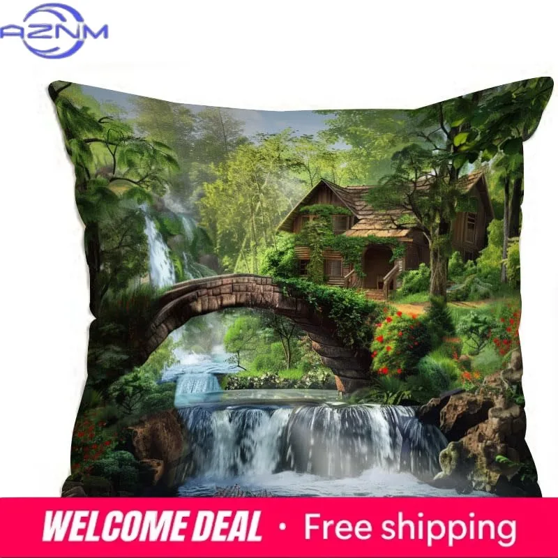 Home Decor Enchanting Waterfall & Cabin Pillow Covers Pattern Cushion Cover Suitable for Sofa Bedroom Car Pillow Cover