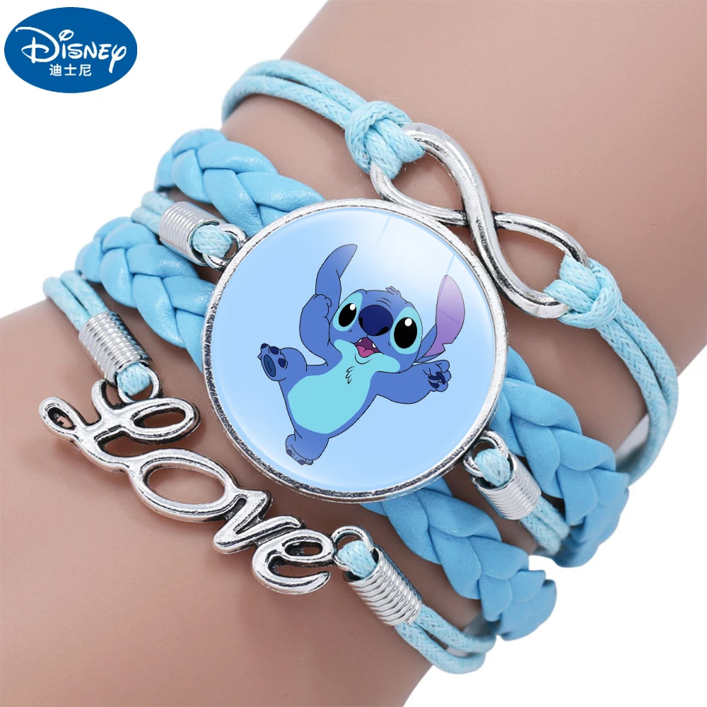 Anime Cartoon Figure Disney Lilo & Stitch Lilo Pelekai Blue Gemstone Braided Bracelet Wrist Birthday Gift for Kids Accessories