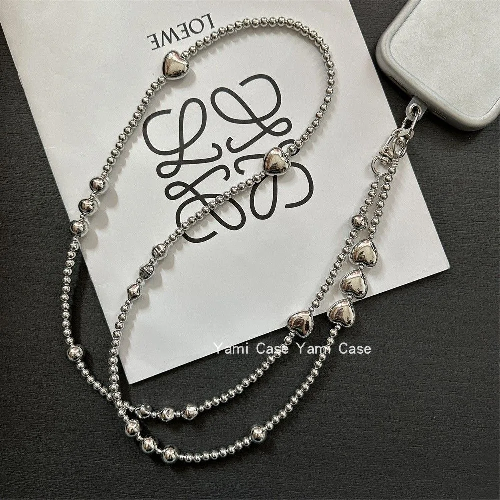 

Korea Cute Silver Love Heart Bead Oblique Span Chain Phone Bracelet Charm Chain Knot Cellphone Lanyard Keychain Bag Long Lanyard