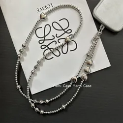 Korea Cute Silver Love Heart Bead Oblique Span Chain Phone Bracelet Charm Chain Knot Cellphone Lanyard Keychain Bag Long Lanyard