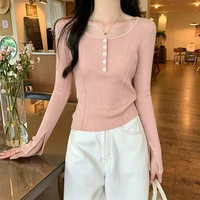 Women's Clothing Fashion All-match Solid Knit Pullovers Spring Summer Elegant Square Collar Chic Button Sweater Lady Vintage Top - Image 2