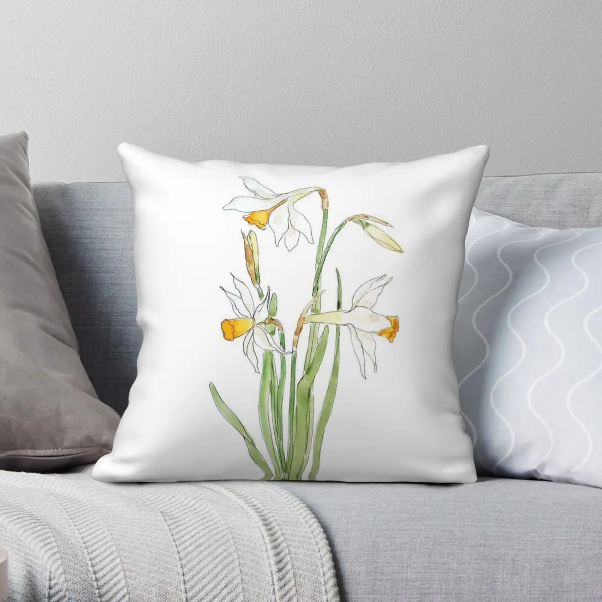 3 White Daffodil Flower Square Pillowcase Polyester Linen Velvet Pattern Zip Decorative Throw Pillow Case Bed Cushion Case 45x45