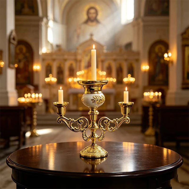 Luxury Byzantine Orthodox Three Light Candelabra Gold Plated Blue Enamel Church Altar Candlestick Prayer Decor Religious Gift