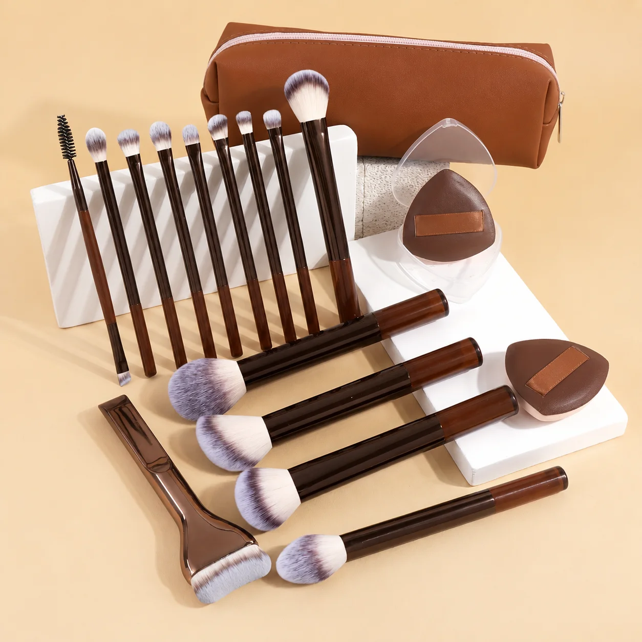 17Pcs Makeup Brush Set With Bag & 2Pcs Puff, Foundation, Powder, Blush, Eyeshadow, Eyebrow, Lip Brushes,Travel Beauty Tools Gift