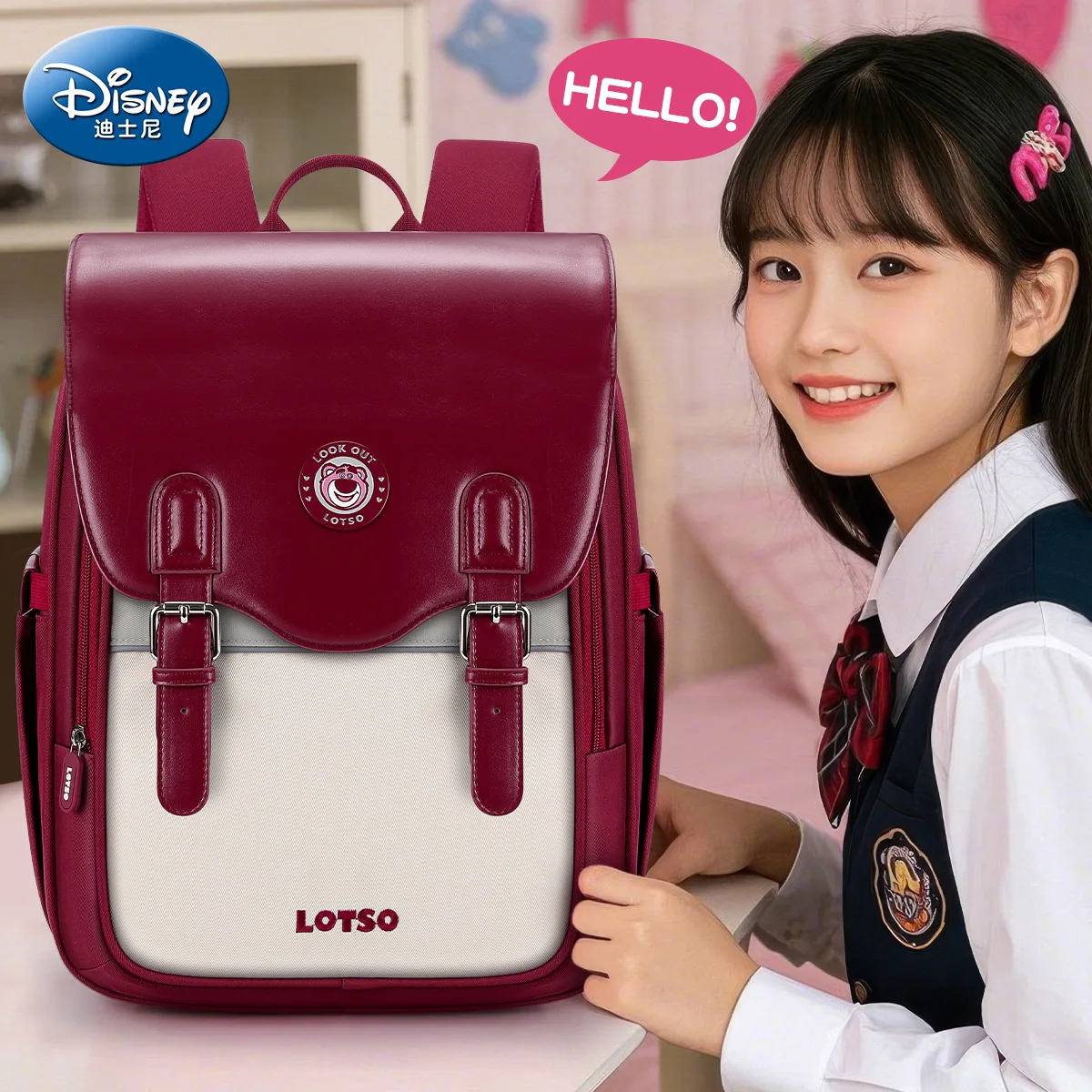 

Disney Lotso Strawberry Bear Print Red School Backpack Waterproof Polyester Pu Ergonomic Bookbagg