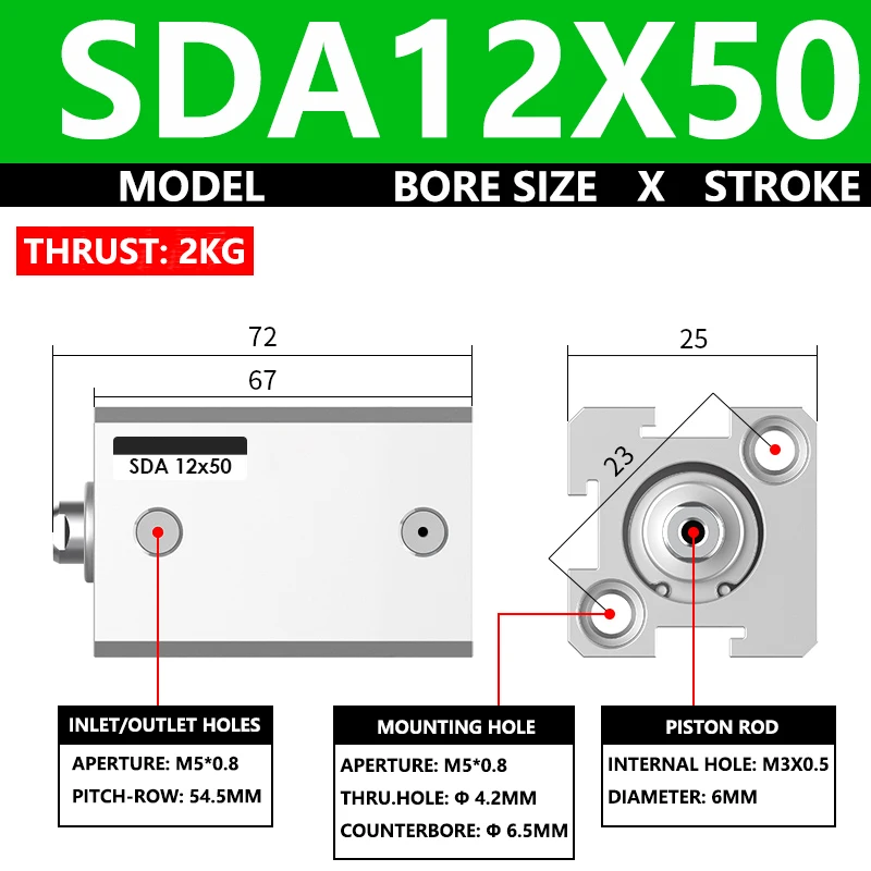 

ABILKEEN SDA12X50 Серия SDA Тонкий воздушный цилиндр с внутренней резьбой 12 мм, диаметр цилиндра с внутренней резьбой X 50 мм, ход двойного действия, пневматический компактный цилиндр