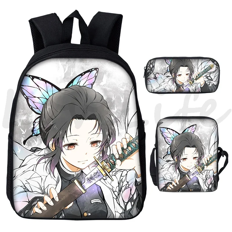 Ransel Anime 3 Buah/Set Tas Sekolah Demon Slayer Kochou Shinobu untuk Anak Laki-laki Perempuan Tas Buku Ransel Manga Kartun Anak-anak Mochila