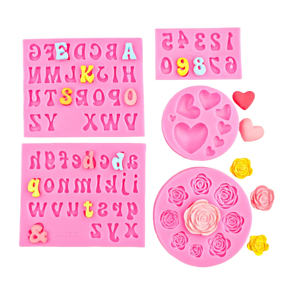 Moldes de letras de silicone para chocolate, números do alfabeto, rosa e moldes de chocolate em forma de coração, moldes de fondant para bolo de cupcake de doces