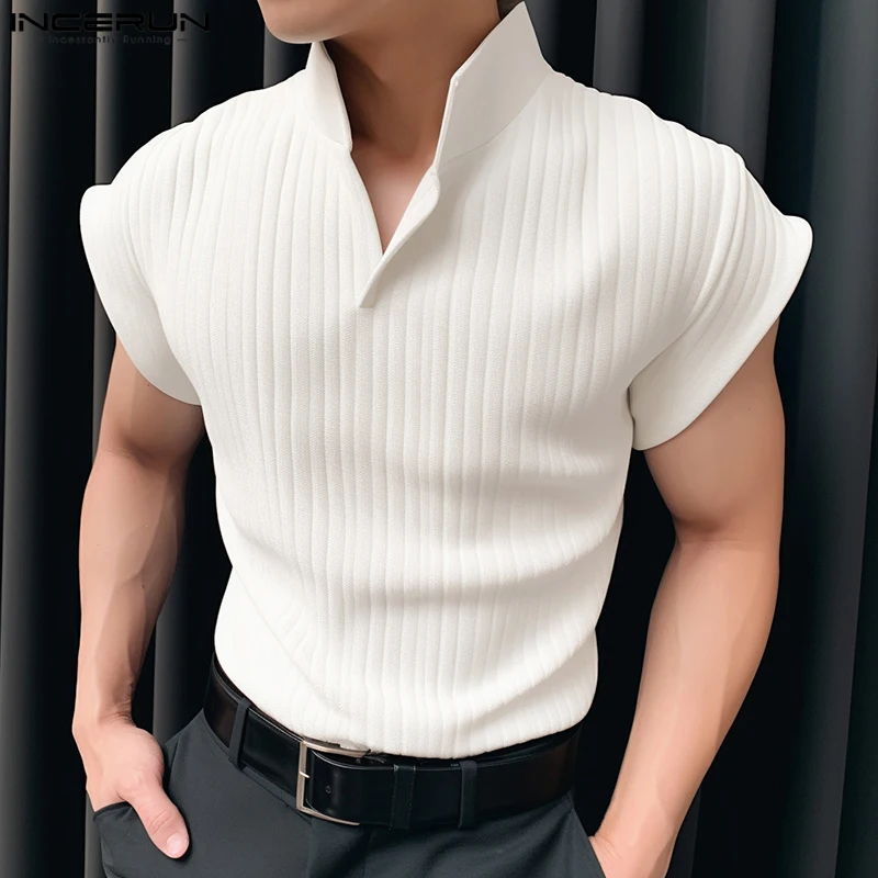 INCERUN 남성 티셔츠 니트 솔리드 컬러 라펠 반팔 캐주얼 남성 의류 여름 스트릿웨어 2025 패션 티탑스 S-5XL