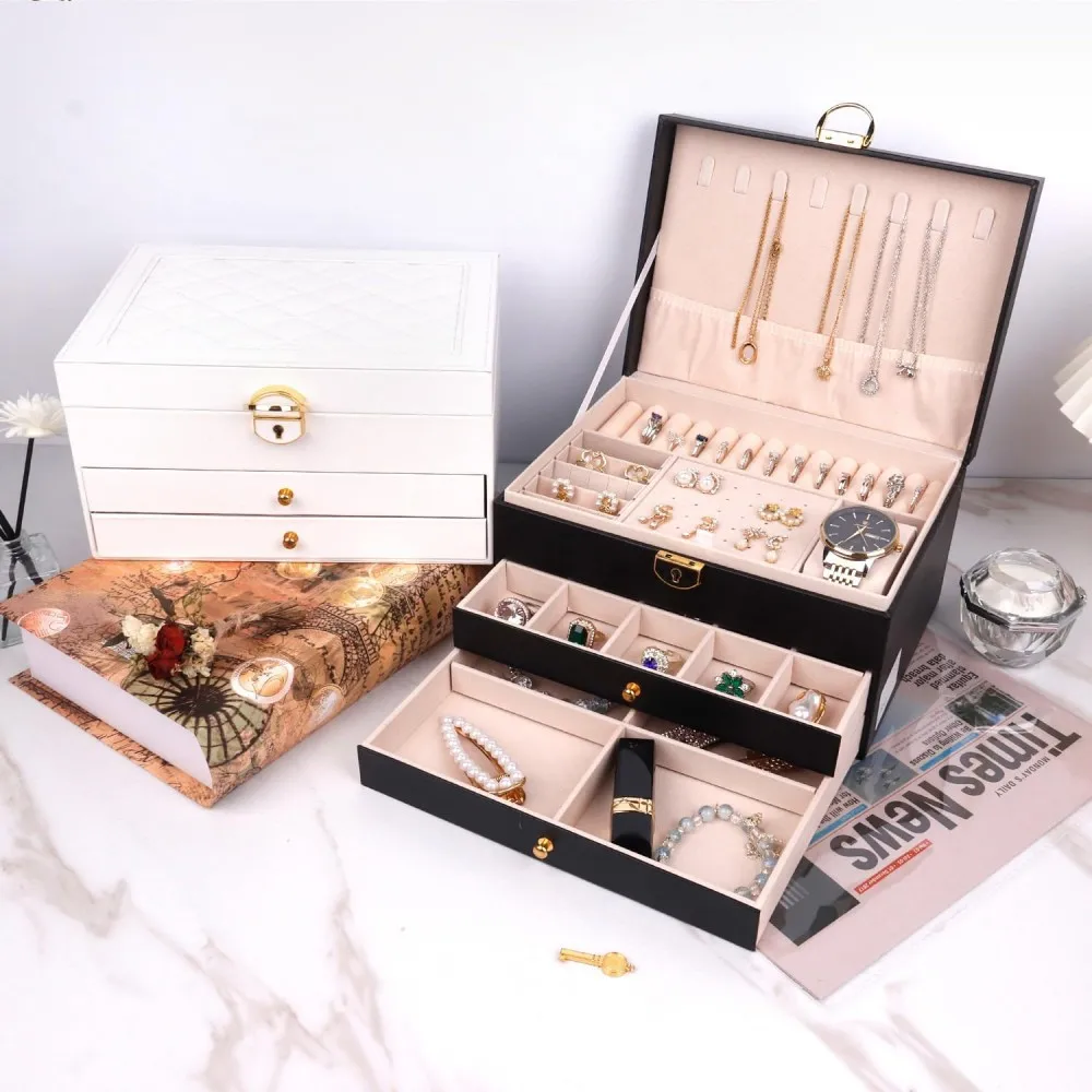 Large Lockable PU Leather Jewelry Box with Drawers, Multi Compartment Necklace Ring Watch Storage Organizer Gift Case for Women