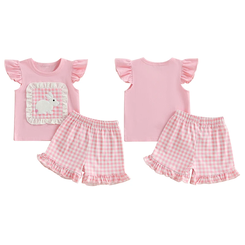 

Tregren 1-5Years Kids Girls Summer 2 Piece Outfits Casual Short Sleeve Bunny Embroidery Tops and Plaid Shorts Toddler Clothes