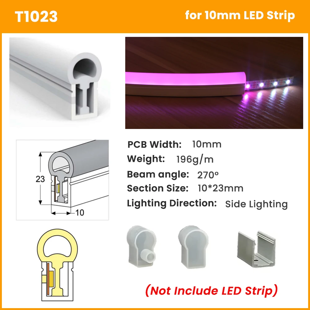

T1023 LED Diffuser Silicone Neon Covering Tube Flexible Waterproof IP67 for WS2811 WS2812B Addressable 10mm PCB Led Strip 0.5-5m