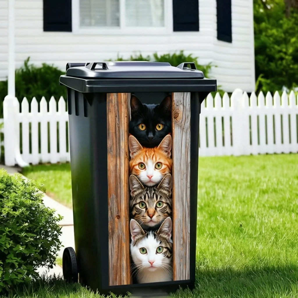 2D Flat Printed Cute Four‑Cats Trash Can Self‑Adhesive Sticker Single Size 31x70cm