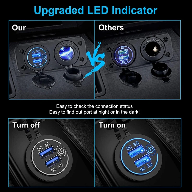 

Waterproof 12V Marine USB Outlet Socket Panel, 2 In 1 -Cigarette Lighter Socket & QC 3.0 Dual USB Ports With Switch/LED