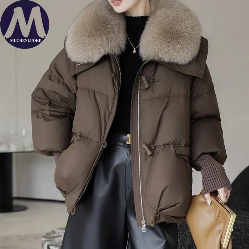 

Женский элегантный зимний пуховик с длинным рукавом, утепленное короткое пальто с большим меховым воротником, корейская мода, повседневные свободные теплые парки