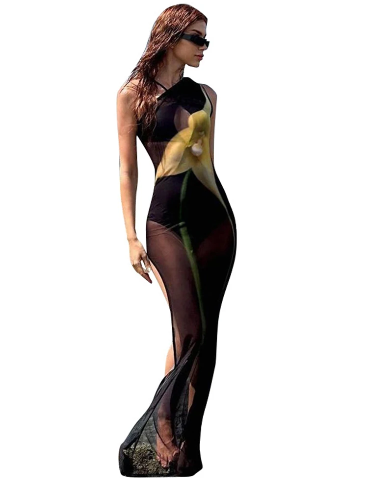 Robe en Maille Transparente Imprimée pour Femme, Sexy, Fente Haute, Slim, Plage, Vacances, Été 2024