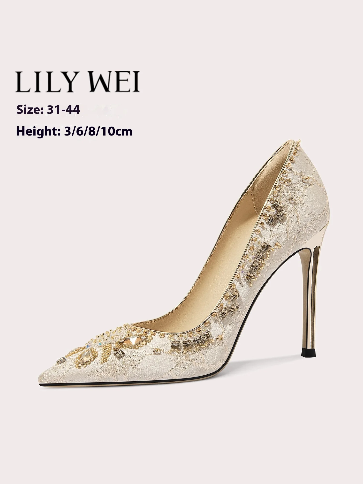 

Slender high heels spring new pointed shallow printed cloth rhinestone beaded shoes banquet large size small size women's shoes