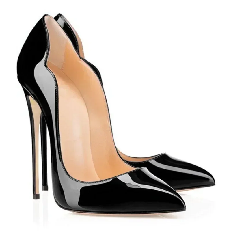 Pink Curl Upper Women Patent Pointed Toe Stiletto 11.5cm High Heels Sexy Ladies Party Dress Shoes Club Dance Pumps Plus Size