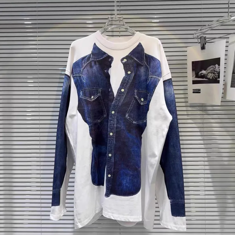 DEAT Women's T-shirt Fake 2 Pcs Denim 3d Single Breasted Printed O-neck Long Sleeve Loose Shirts 2025 New Fashion Spring 29L9677