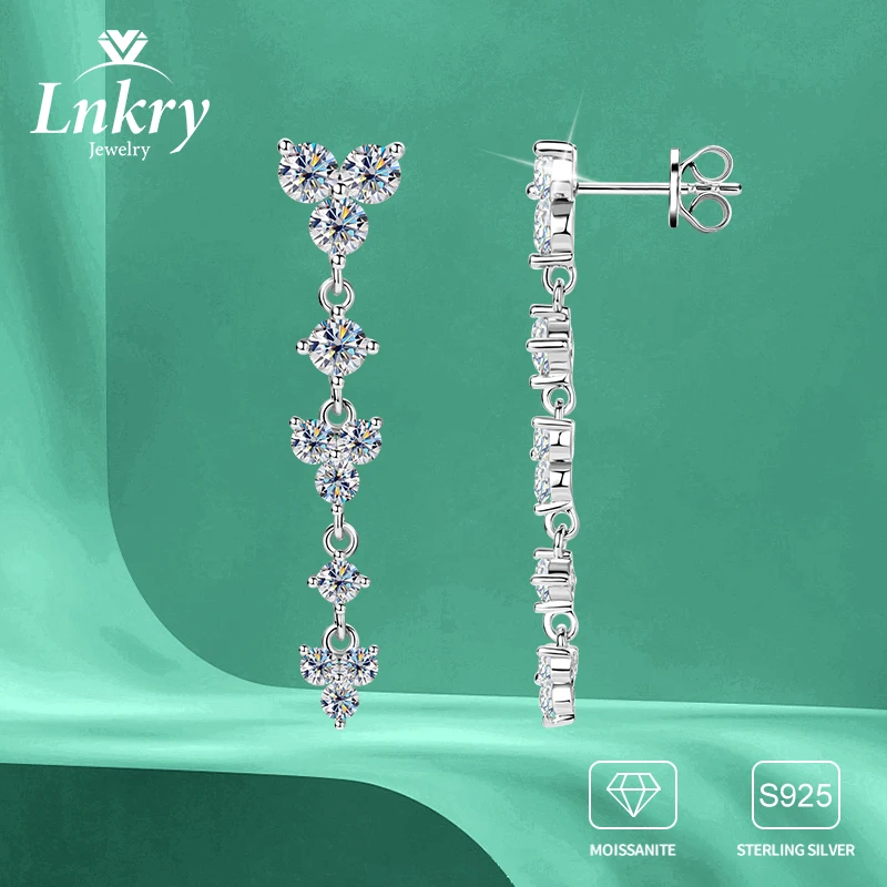 Lnkry 4mm Round Moissanite Dangle Earrings For Women Original and Pure 925 Sterling Silver Tassel Chain Earring Jewelry Gift