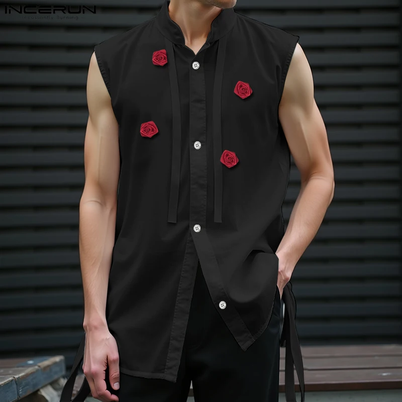 

INCERUN Men Shirt Flower Patchwork Stand Collar Sleeveless Male Tops Streetwear Shirts Summer 2025 Fashion Casual Men Clothing