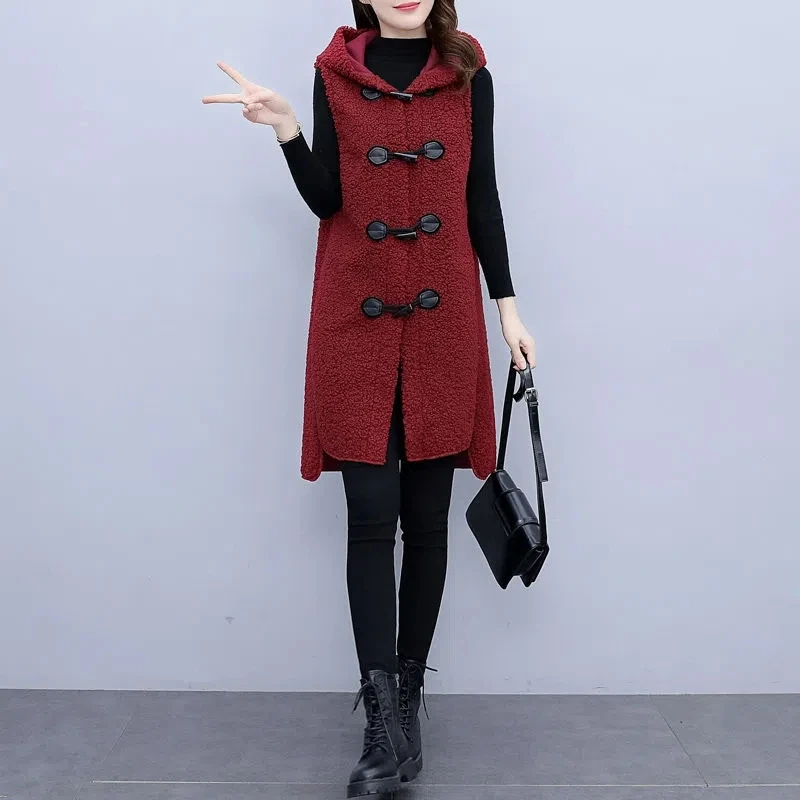 Faux Lamb Velvet Vest Jacket Women Autumn Winter Casual Horn Buckle Hooded Gilet Coat Solid Color Loose Waistcoat Cardigan