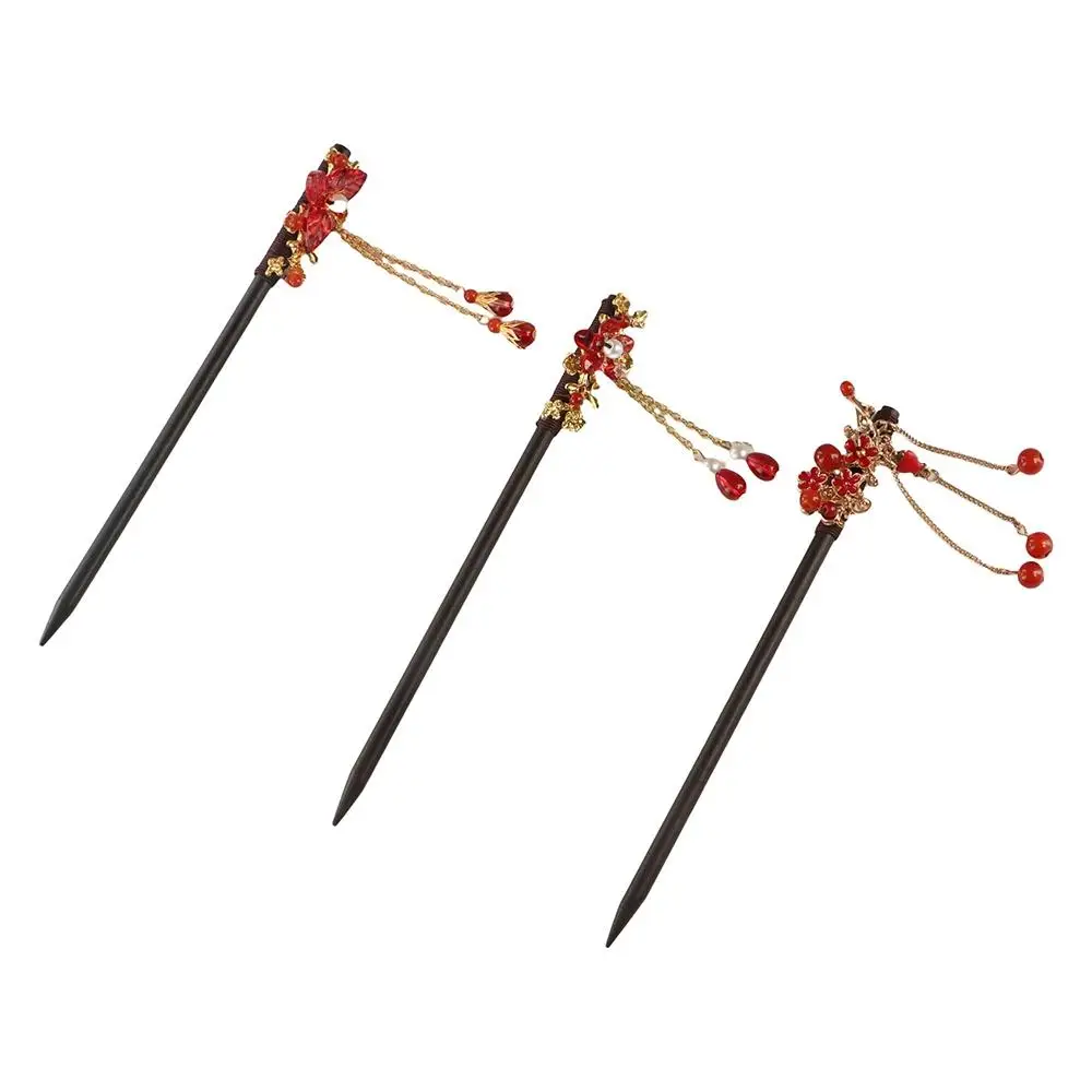 Vintage Retro Rood Haar Stok Mode Oude Stijl Rode Roos Fringe Haarspeld Multifunctionele Multifunctionele Chinese Haarspeld Hoofddeksels