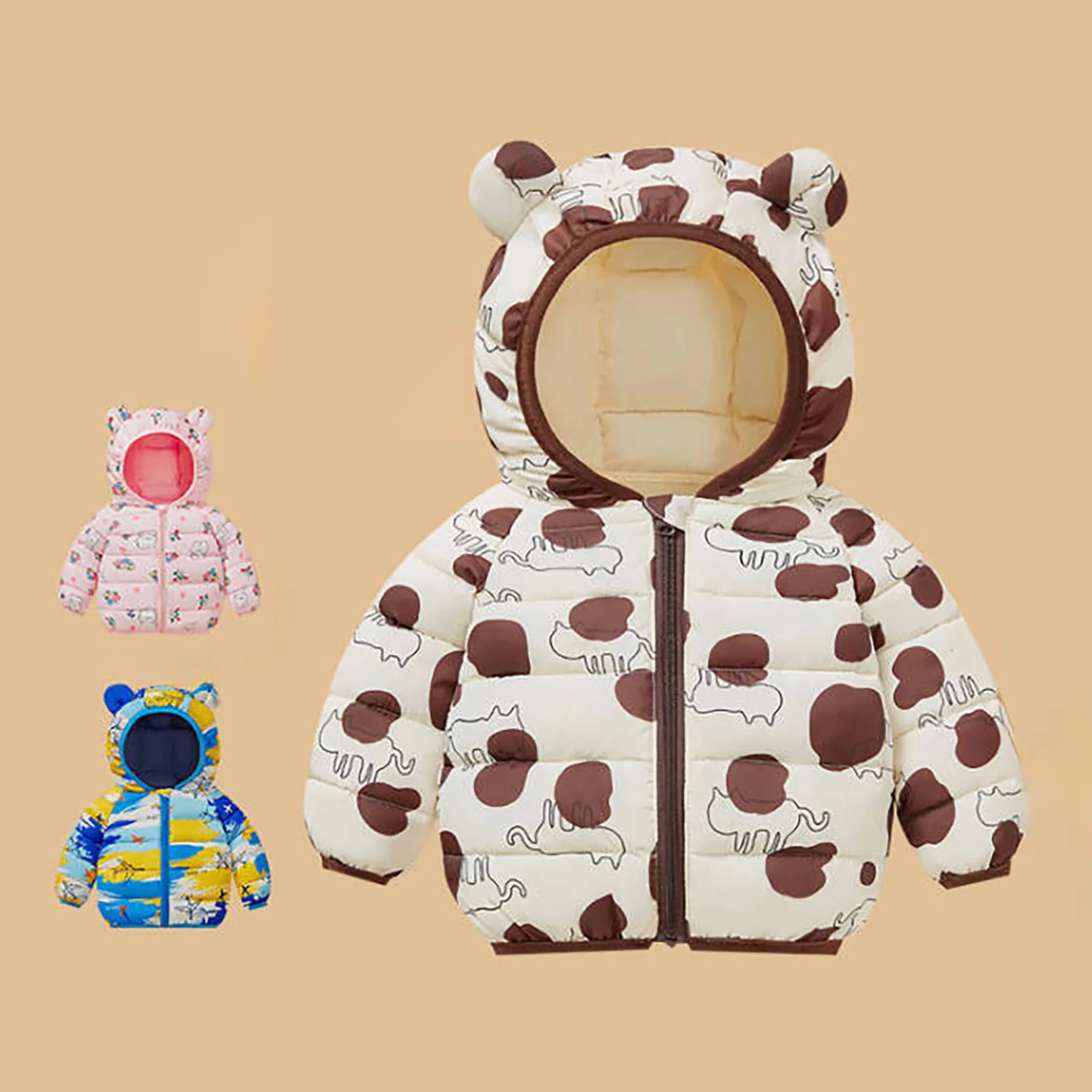 Children Hooded Lightweight Down Jackets Baby Boys Cute Cartoon Print Zipper Coats Autumn Winter Girls Warm Casual Outerwear