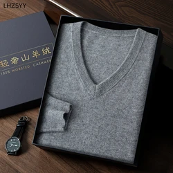 LHZSYY Autumn Winter 100%Pure Cashmere Sweater Men V-Neck Knit Pullover High-End Plus-Size Tops Youth Business Casual Warm Shirt