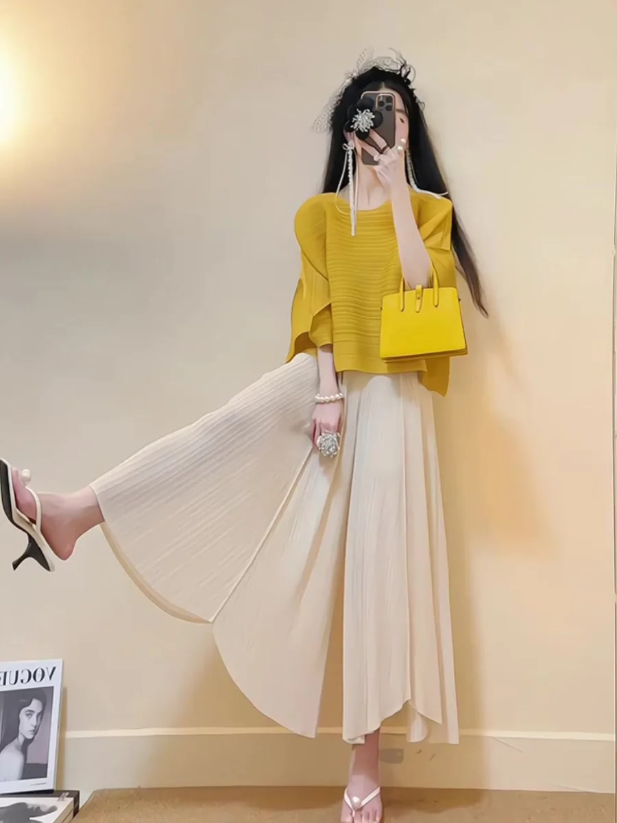 

Summer Fairy T Two-Piece Set Women's round Ne Seven-Sve Pleated Top Straight Leg Wide Pants Ele Simple Sle