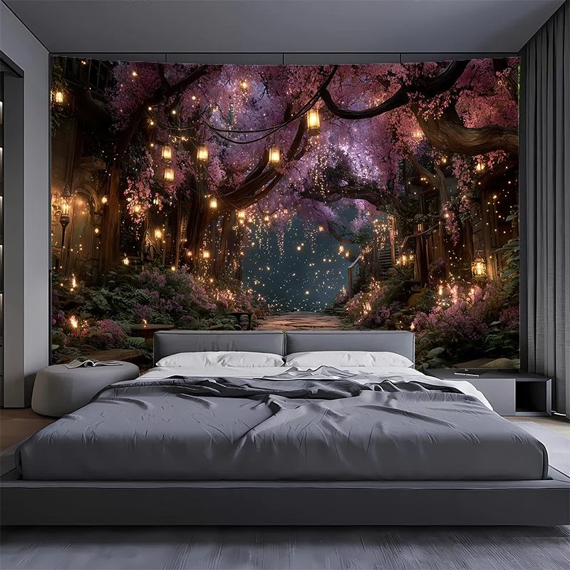 VIKAMA Tapisserie murale Paysage nocturne de forêt de cerisiers en fleurs avec lanterne, décoration pour chambre à coucher, salon, dortoir et maison