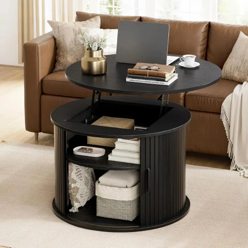 Round, Height-adjustable Coffee Table with Recessed Wooden Trim, Featuring Hidden Storage and Open Shelving