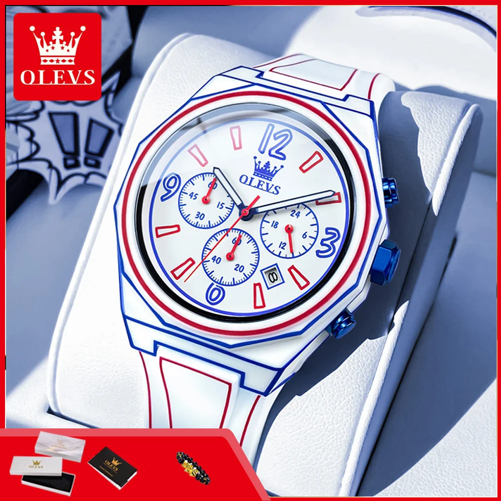 OLEVS 5622 Manga-Stil Chronograph Herrenuhr Wasserdicht Leuchtende Herrenuhr Silikonarmband Original Herren Quarz-Armbanduhren