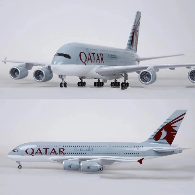 

Масштаб 1/160 A380 Катар, литая под давлением модель самолета 45,5 см с подсветкой и колесами, коллекционная модель самолета из смолы