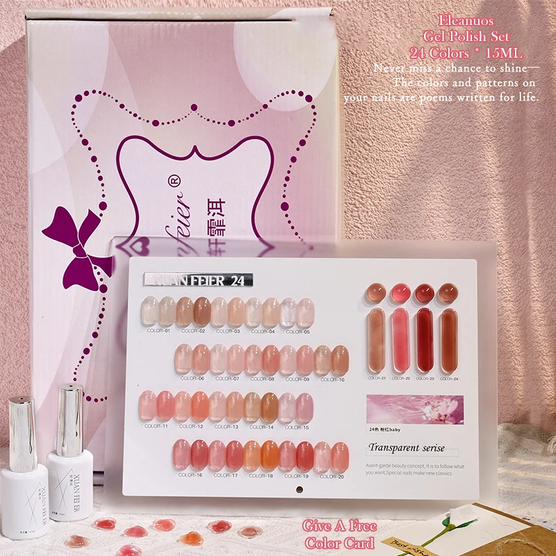 

Eleanuos Pink Baby 24 Colors Semi-translucent Nude Pink Jelly Gel Polish UV LED Cure Salon Grade Nail Art Set