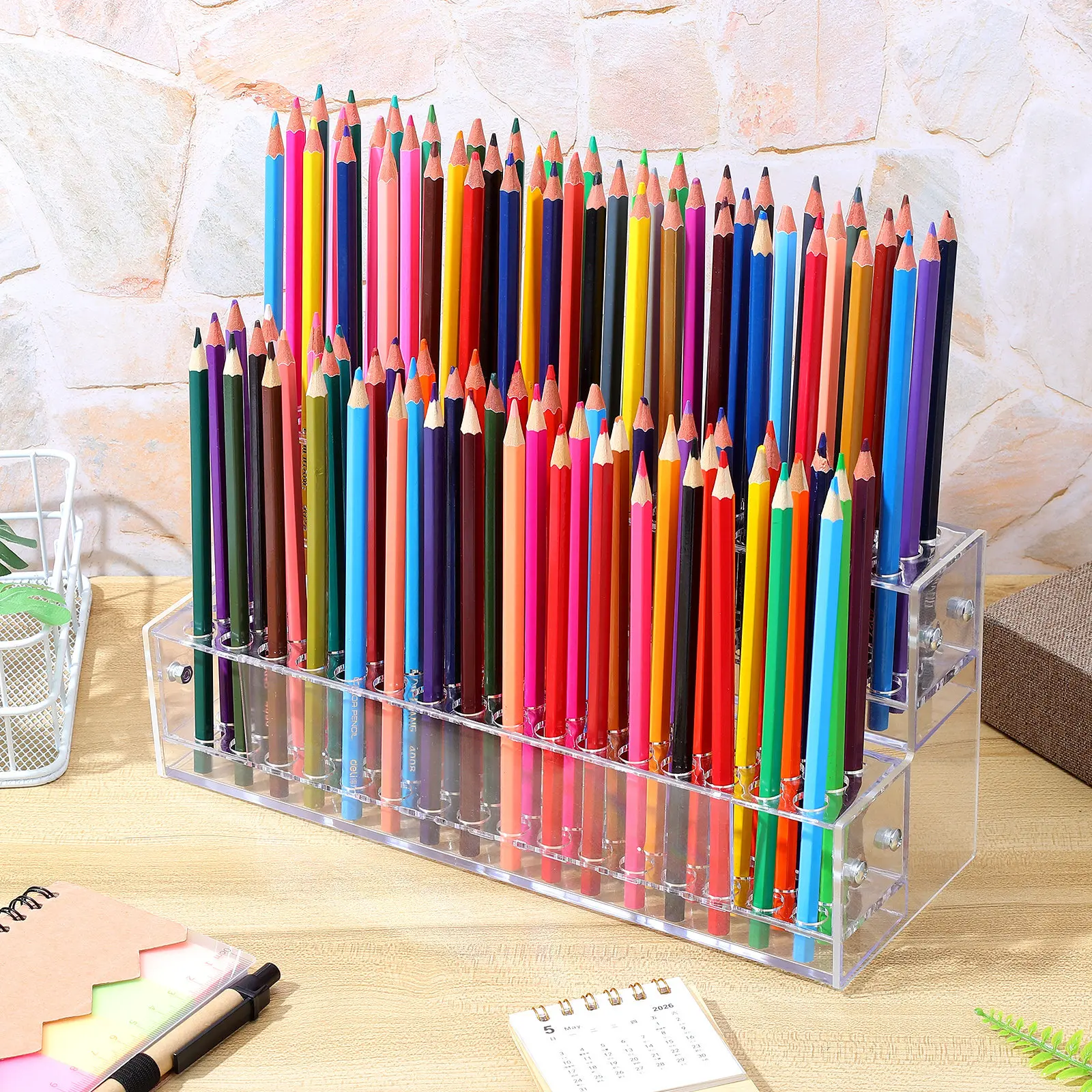 Acrylic Pen Display Organizer 96 Holes Double Layer Clear Pencil Holder for Studio Classroom Home Office Gel Pens Markers