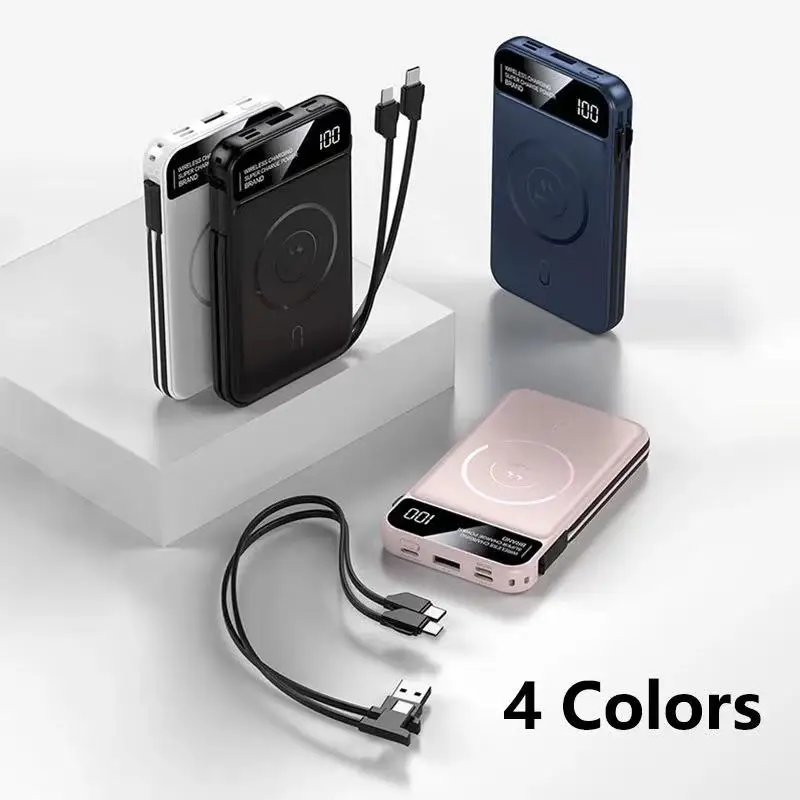 Power Bank nirkabel magnetik 50000mAh, pengisi daya baterai portabel isi daya cepat dengan 2 kabel bawaan untuk iPhone Huawei Samsung xiaomi