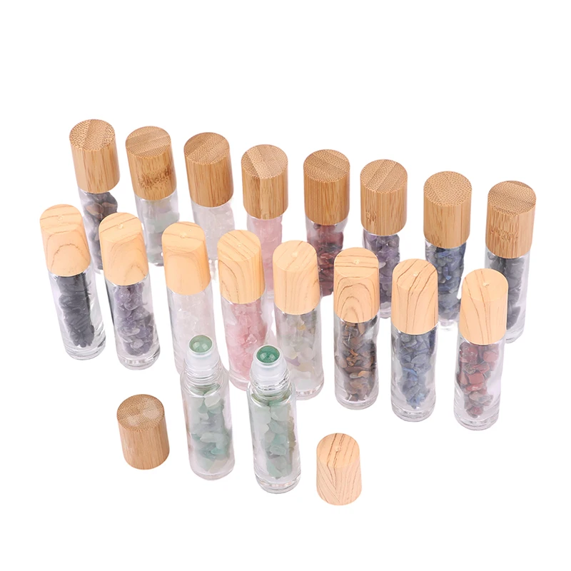 10ml Roll On Bottle With Gemstone Roller Ball Crystal Chips Inside Glass Rolle Essential Oil Sample Container Bamboo Lids