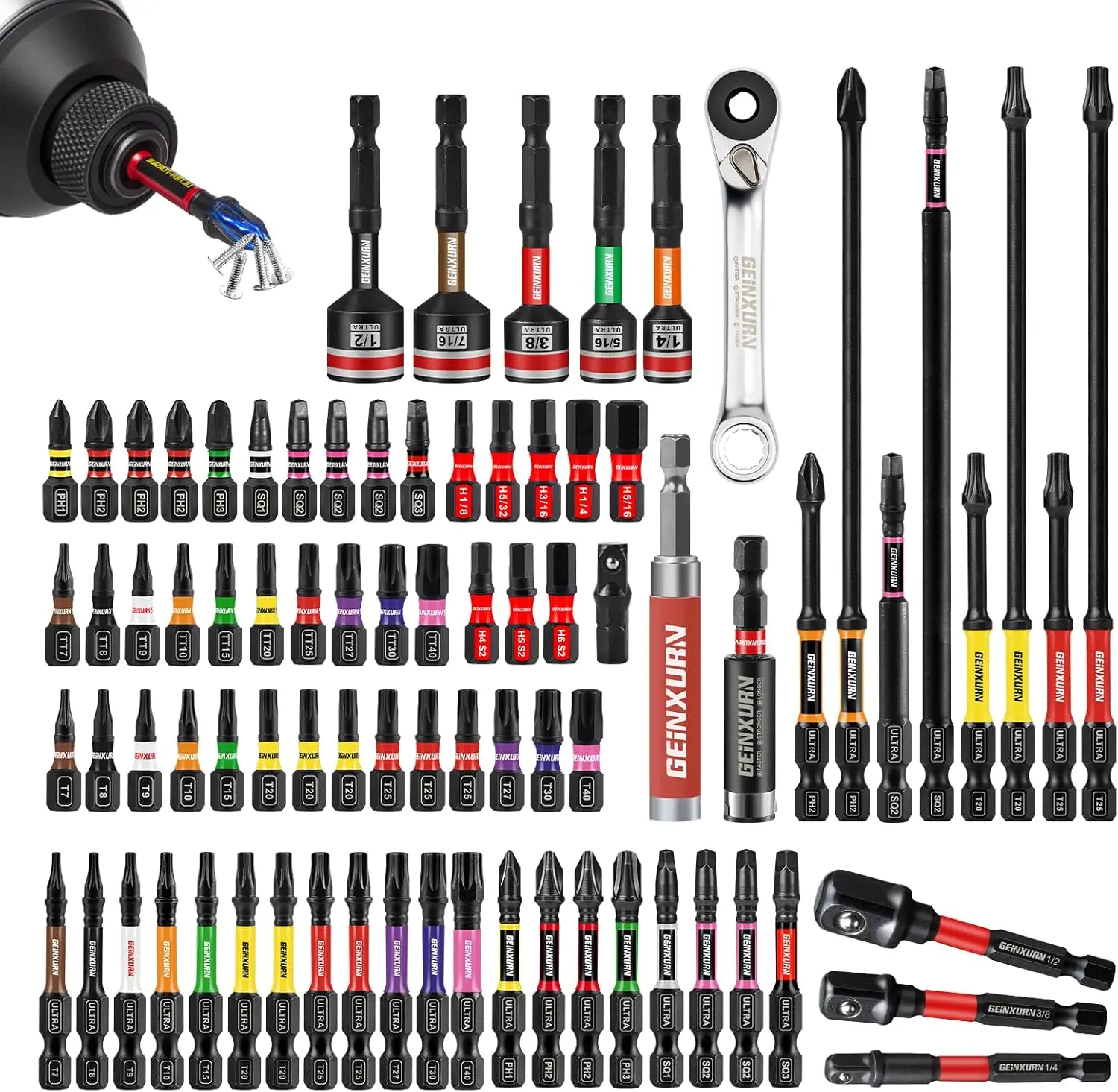 

Набор из 82 ударных бит для шуруповерта, магнитные насадки из стали S2 с держателем и гайковертом для электроинструментов