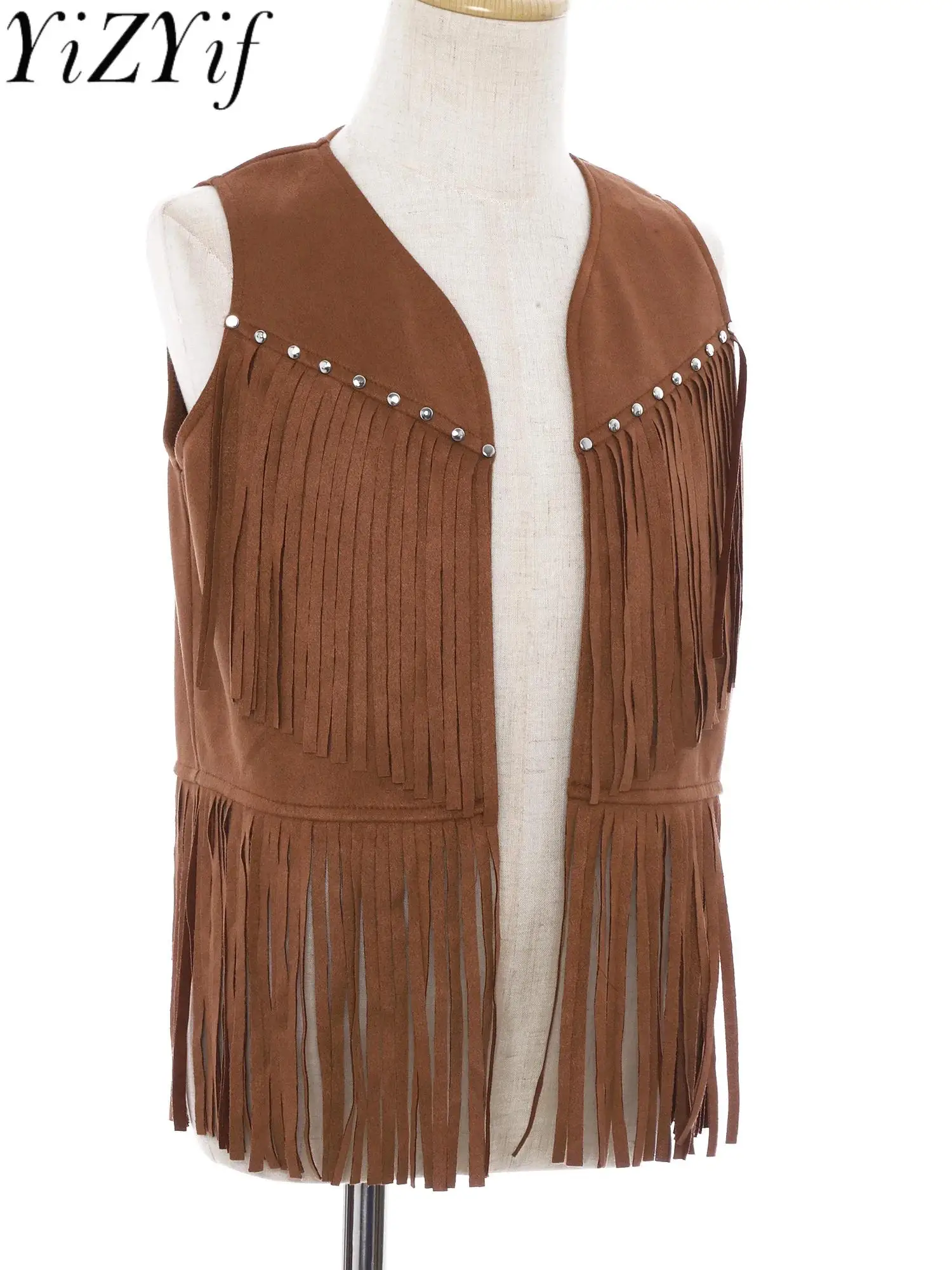 

Halloween Western Cowboy Hippie Tribe Style Vest Waistcoats Brown Tassel Vintage Color Cowgirl Cardigan Coats