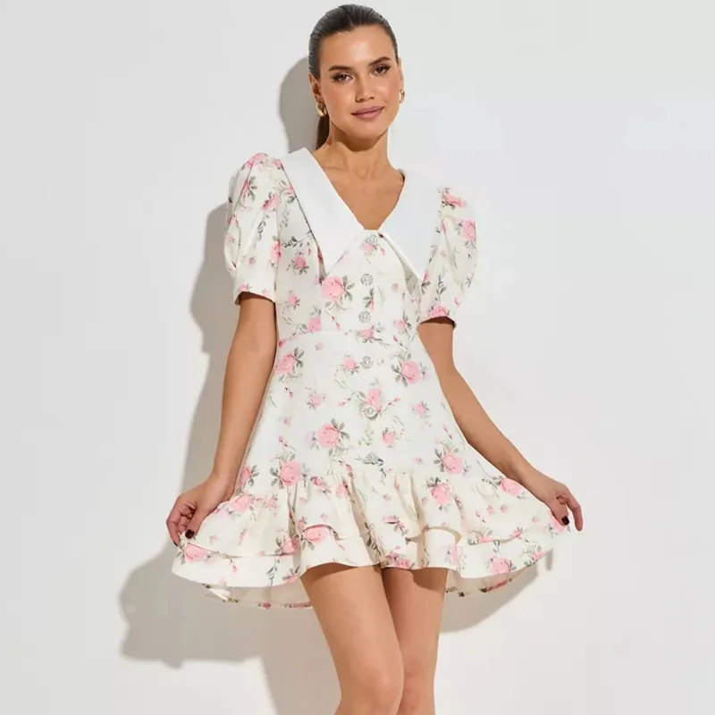 

Tuularose Vintage Print Dress Women Elegant Ruffled Contrast Patchwork Pleated V-Neck Dress Summer Luxury Party Y2K Female Dress